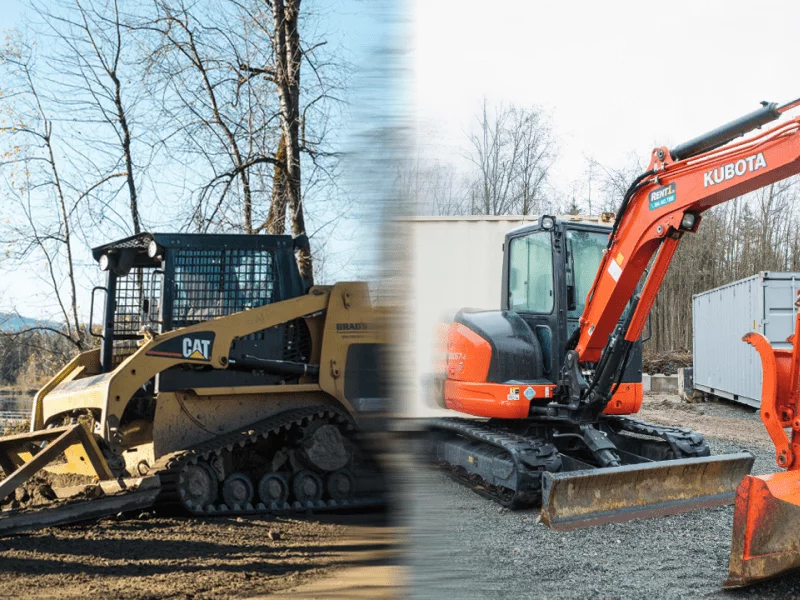 Split screen comparison of an old skit steer and a new mini excavator